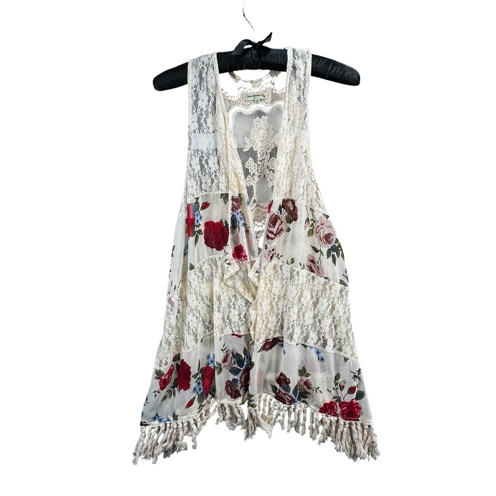 Vivid Importers NY Boho Floral Lace Fringe Vest Kimono Duster Size M Festivals